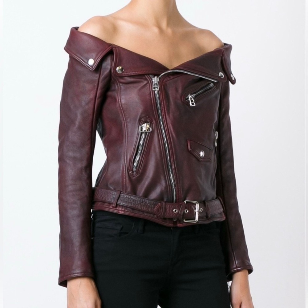 Faith Connexion Sailor Leather Jacket Women Size 38 6 Burgundy Off Shoulder Moto